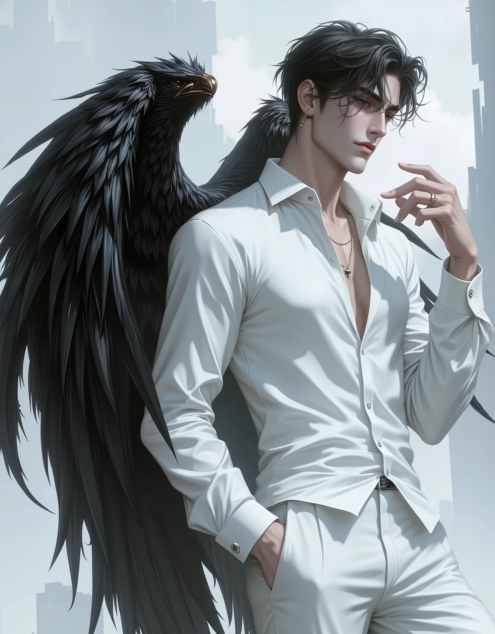 3D ANIMALS，A Victoria's Secret male model，white shirt and pants，The back has very beautiful wings， gorgeous black wings，Very gorgeous，Look sideways to the right ：1.4，Strike a pose，