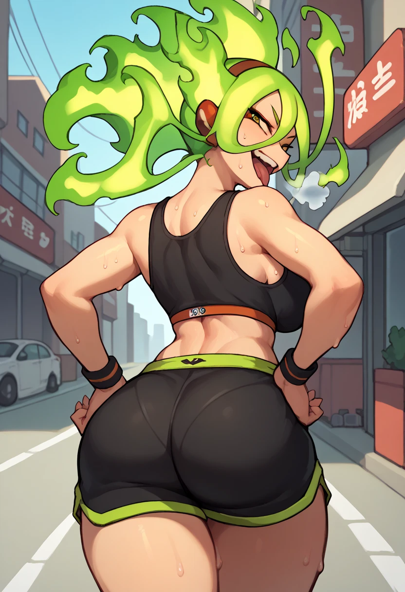 score_9, score_8_up, score_7_up, from behind, solo, 1girl, kamiji moe, sweat, smirk, tongue out, looking back, hands on own hips, green hair, fiery hair, black sports bra, black shorts, short shorts, large breasts, ass, outdoors, city street, out of breath, open mouth 