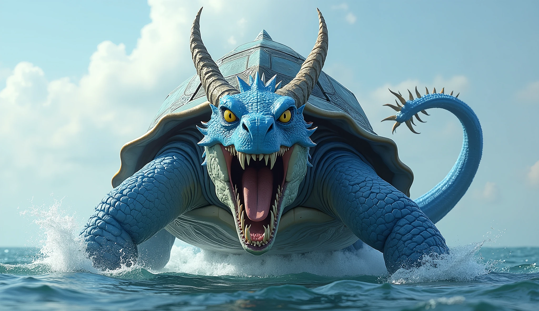 A giant green bird clad in thunder、Raging Sea、Blue Sea Serpent、Red Kraken