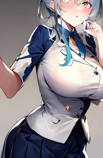 Woman holding a condom with semen in both hands,Heavy breathing,uniform, sweaty, color