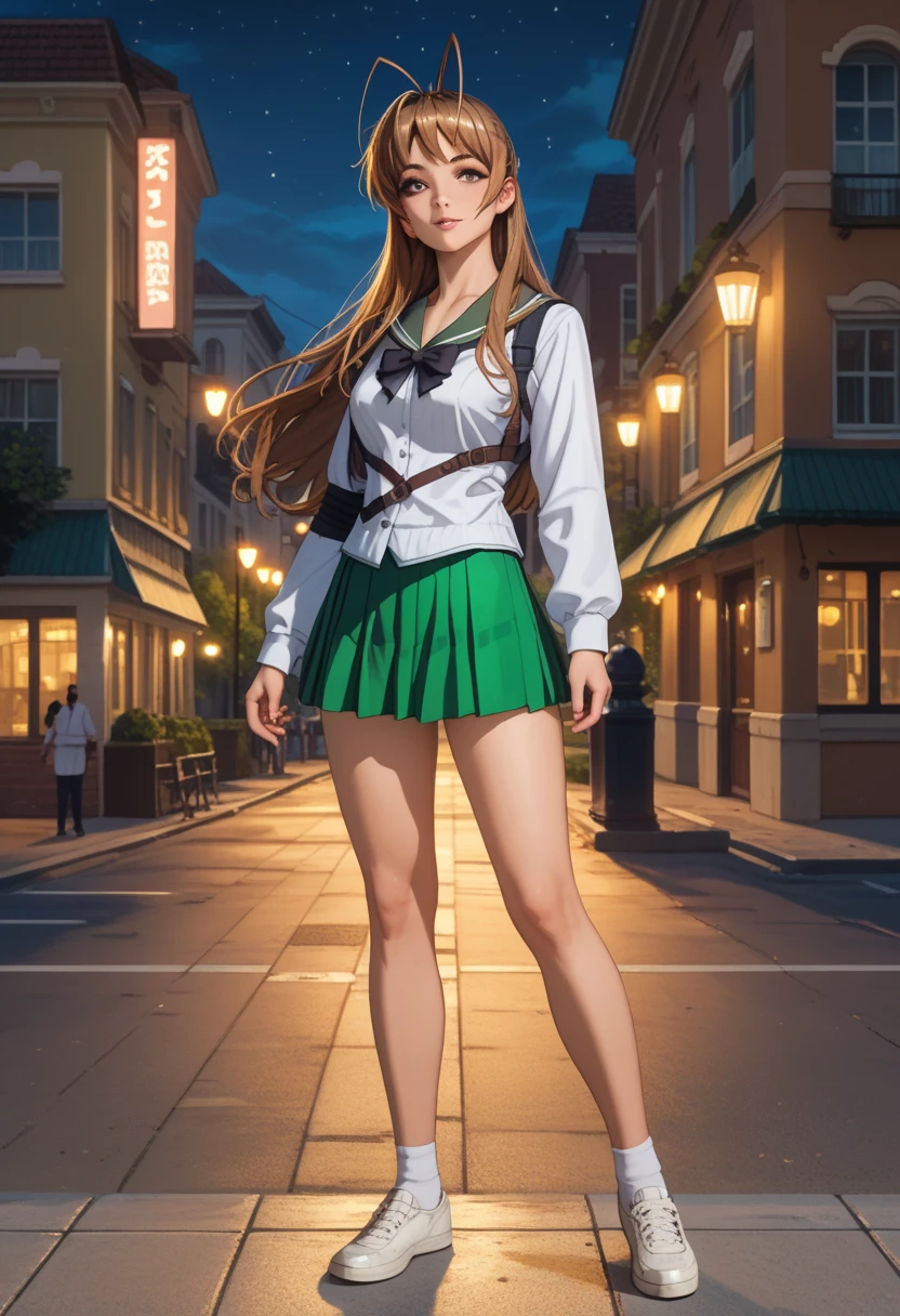 masterpiece, best quality, highres, 1girl, solo, long hair, brown hair, antenna hair, brown eyes, school uniform, green sailor collar, black bowtie, white shirt, long sleeves, pleated skirt, green miniskirt, black thighhighs, standing, official_art, beautiful body, beautiful legs, perfect body, perfect Hips, beautiful face, outdoors, night, street, city, shoes, sexy legs, full body, front_view 