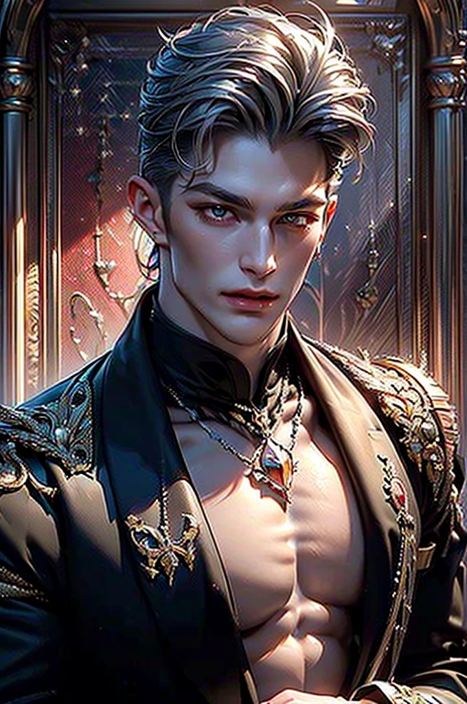 ((Top Quality, best quality, Masterpiece)), ((Ultra Detailed Face, Detailed Lips, Detailed Eyes)), ((1man, solo)), ((A handsome man looks like 20s)), ((shiny silver hair)), ((Red Eyes)), ((Exquisite face, Exquisite eyes, very handsome, sexy face)), ((pretty lips, plump lips, cupid bow lips)), ((beautiful under eyelashes)), Indifferent smile, light peach skin, looks decadent, very sexy, ((muscular, broad shoulder, Big Chest Muscles, inverted triangle body)), ((Vampire)), ((he is the professor of magical academy, he teaches transformation magic and illusion and mental magic)), ((backgound: his room of magical academy)), perfect color, perfect lighting, perfect shadow, perfect face, anatomically correct