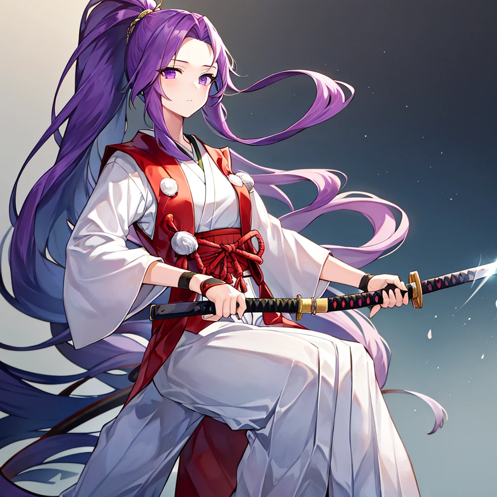 this is a picture of a girl dressed in a long gown with a sword, clean line drawings, ultra cute girl, ultra cute face, ultra detailed eyes, ultra detailed hair, ultra cute, ultra beautiful, ((high end)), (UHD picture), (best quality,4k,8k,highres,masterpiece:1.2), top-quality(​masterpiece), top-quality, ultra-detailed, highly detailed texture, intricate details, high quality textures, masterpiece, best quality, perfect quality, perfect anatomy, perfect body, perfect symmetrical face, perfect hands, perfect feet, (two arms:1.2), (two legs:1.2), (five fingers each:1.2), (perfect joint:1.2), perfect joint movement, precise fingers and hands, 1 beautiful girl, 1 girl, alone, solo, , , ((())), ((ish)), (Best Quality, hight resolution), extremely detailed and lifelike, Vibrant colors, simple background, very long hair, forehead visible bangs, hair flaps, purple hair, ponytail, well-formed face, purple eyes, japanese clothes, samurai, open vest, red vest, white kimono, long sleeves, wide sleeves, haori, long hakama, wide hemmed hakama, hakama pants, long trousers, sword, katana, holding katana, weapon