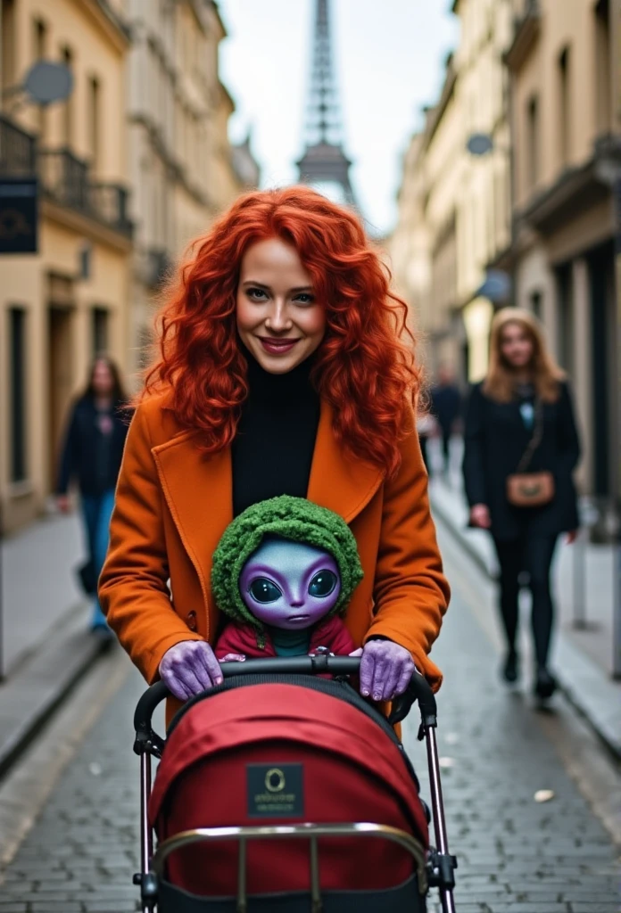 ((masterpiece)) ((photography)) ((Highest quality)) A red-haired woman with long curly hair, walking through a Parisian street. She pushes a stroller, and in the stroller, there is a violet alien  with shining glossy purple skin, big  blue eyes, wearing a green bonnet. The scene captures the charming Parisian atmosphere with cobblestone streets, historic buildings in the background, and the Eiffel Tower peeking through the distance. The woman is dressed casually, with a warm, inviting smile, and the babyen looks curious and playful. The soft light of the afternoon gives the scene a magical, whimsical tone.