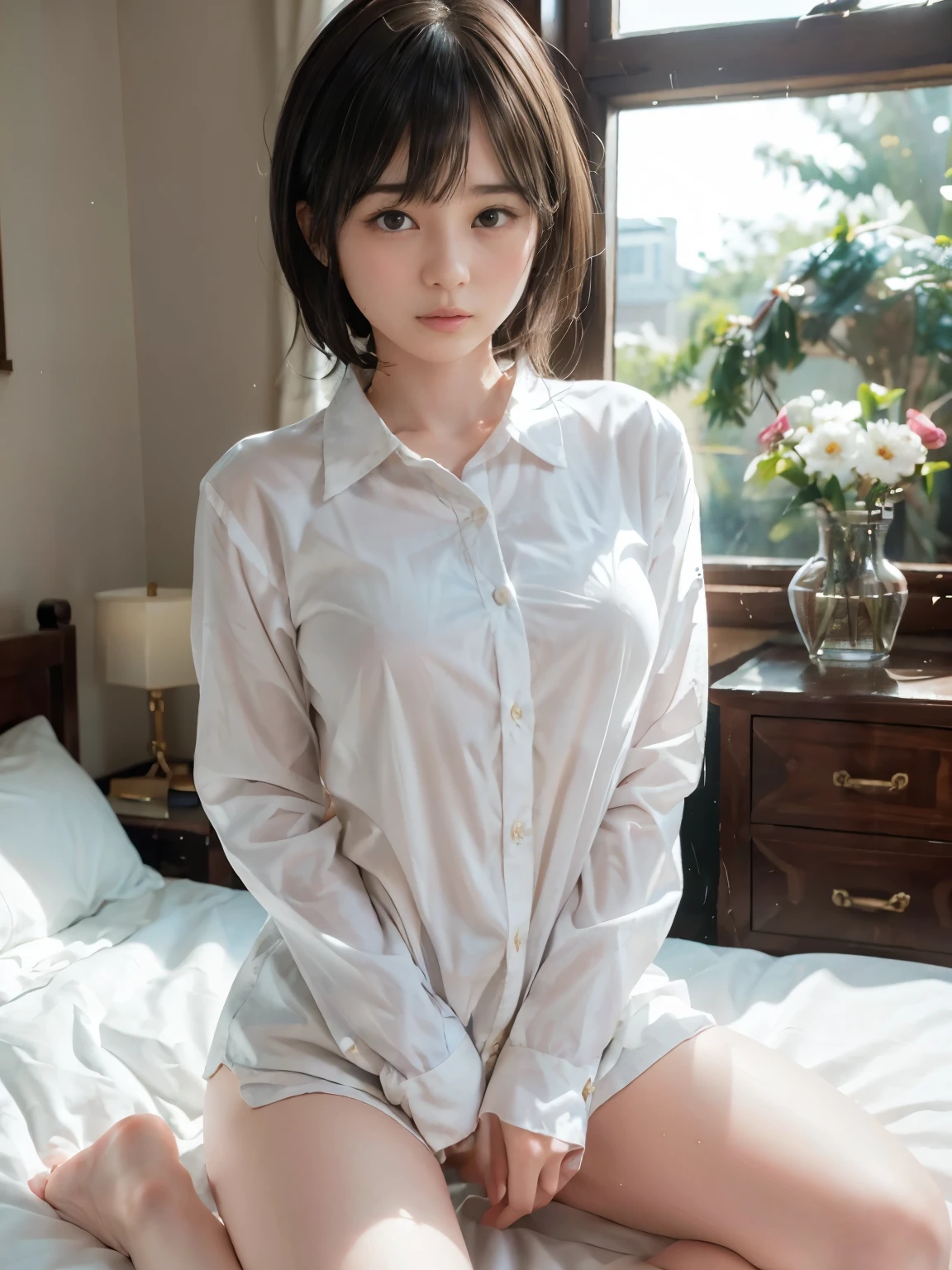 8k、   High quality  、   super detailed、   short hair with bangs   、(cute、 beautiful、 beautiful:1.3),(bedroom:1.3)、((( school uniform、I'm wearing a large white long-sleeved shirt with buttons、 can be seen through、 wet)))、(  24 year old cute )、(((   sleeps in bed )))、 Directly on the floor  、 beautiful寝顔、 beautiful脇、Raise your elbows 、   flat chested、 beautiful足、  knight 、Gentle lighting、A face that feels  beautiful、((１people々々々))、((cute sexy pose))、 Photo  realistic  、緻密で beautiful目、   hyperrealism  、   High Contrast 、 Max image    、 top quality、Small details、Very politely, beautiful女性,  high definition face  ,   realistic   , beautiful女性,  high definition face  ,20 years old,    detailed facial features    