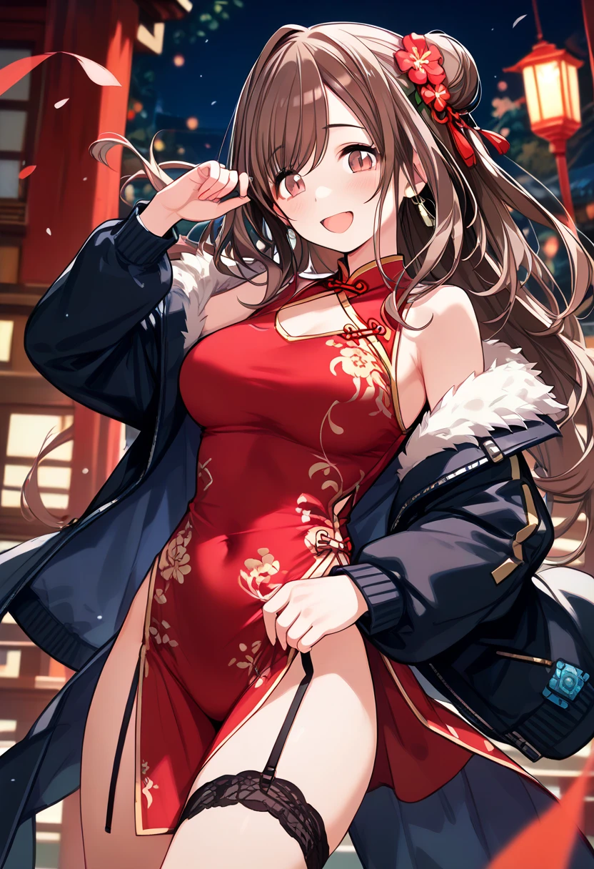 leotard shot, (((garter belt,high_high_highest slit, chinese dress,groin, leotard,crotch, ,baggy Down jacket ,in the privateroom,shy,enjoy))) ,Extremely loving sexual acts based on pure love ,happy,very satisfied,ecstasy ,Tsukioka Kogane, (((brown_hair)))