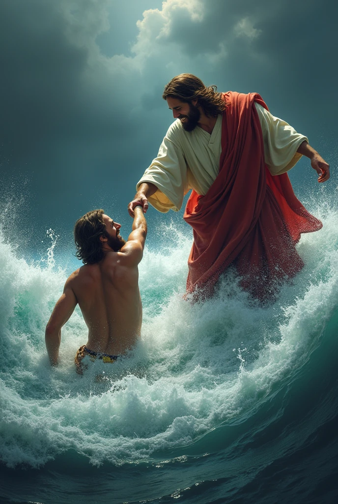 Jesus helping someone poor guy from the flooded water 