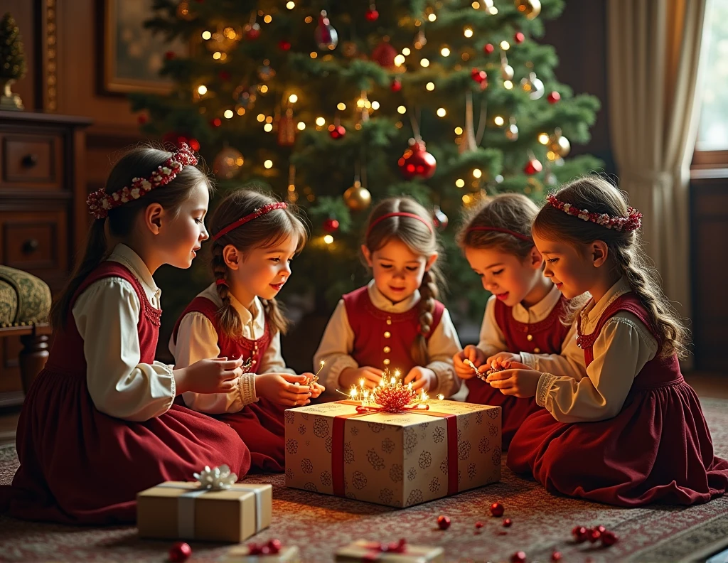 girl children BLONDES WITH LOCKS WITH ON THE HEAD FIRE-COLORED BOWS, RED BACKGROUND, CANDLES WITH FIRE,