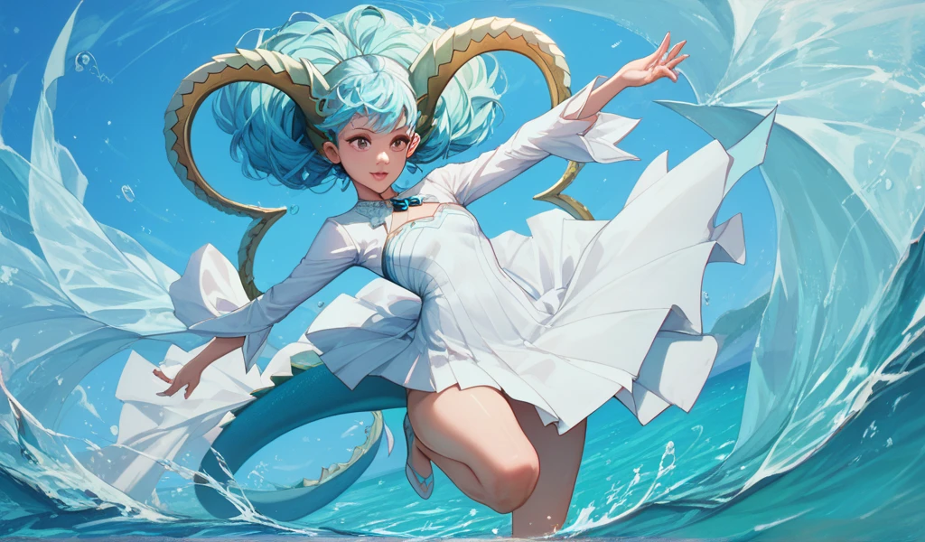  Aqua Blue Hair Girl，Dragon Horn，Dragontail，goddess， White Dress ，Long Sleeve ，skirt，thigh，Sea