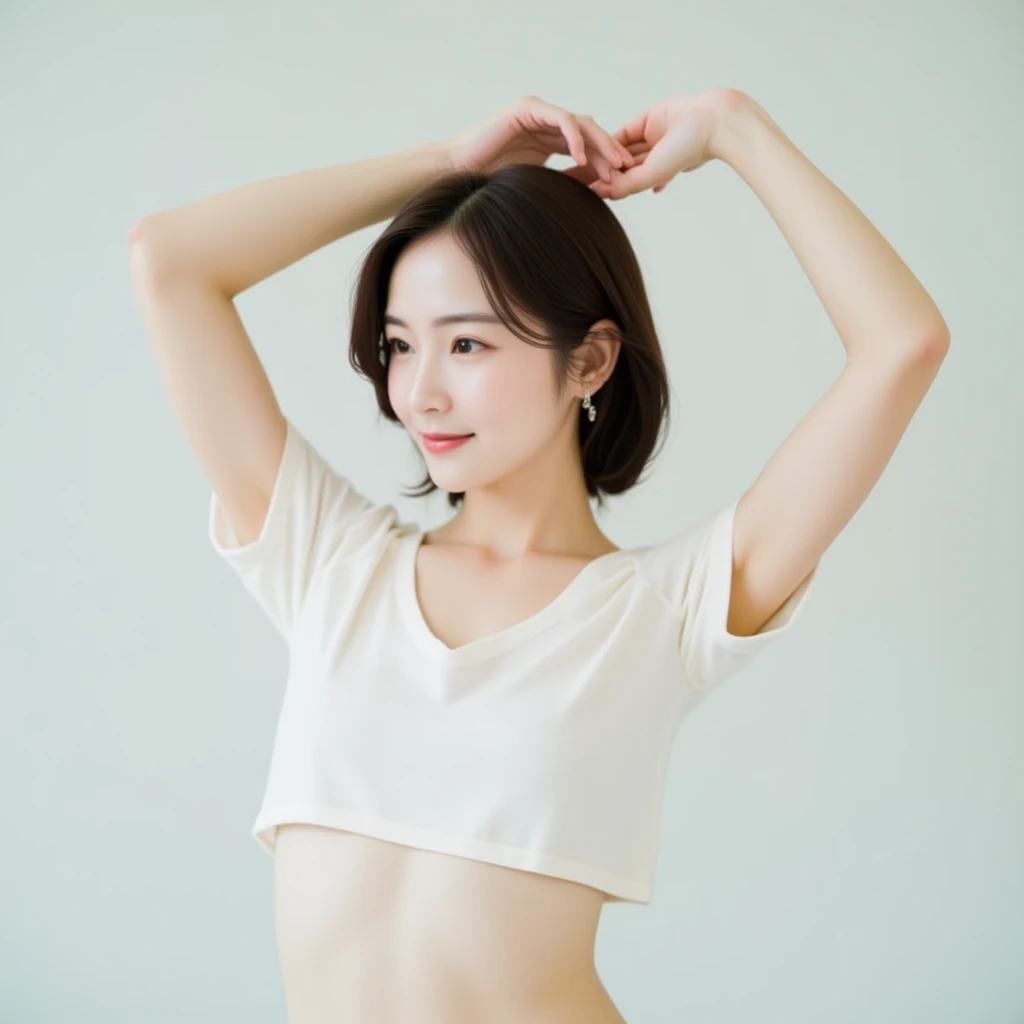 Here are the updated tips:

"A beautiful Korean girl，Short hair, Smooth dark hair and porcelain skinElegantly posing with arms raised, Exposing her smooth armpits in a subtle way,  Realistic Textures ，Showing a hint of pores. She wears a stylish short-sleeved crop top，Highlighting her toned figure. The image captures the natural softness of her skin,  Delicate Details ，Like the faint appearance of pores，Added realism. Her expression is calm and confident, Her soft features are gently highlighted, natural light. The background is simple and clear, The light hue contrasts with her dark hair, Emphasizing her elegance and composure. The crop top uses a soft hue, Adding to the overall sense of purity and beauty."