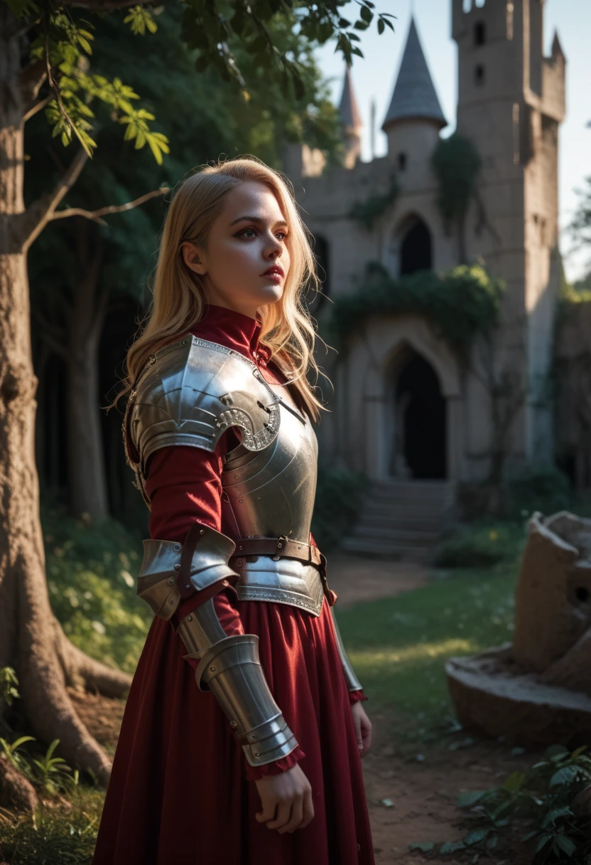  blond young female vampire in full armor,  smaller shoulder armor ,  dark background ,  crumbling castle ruins ,  dried trees , dead animal 