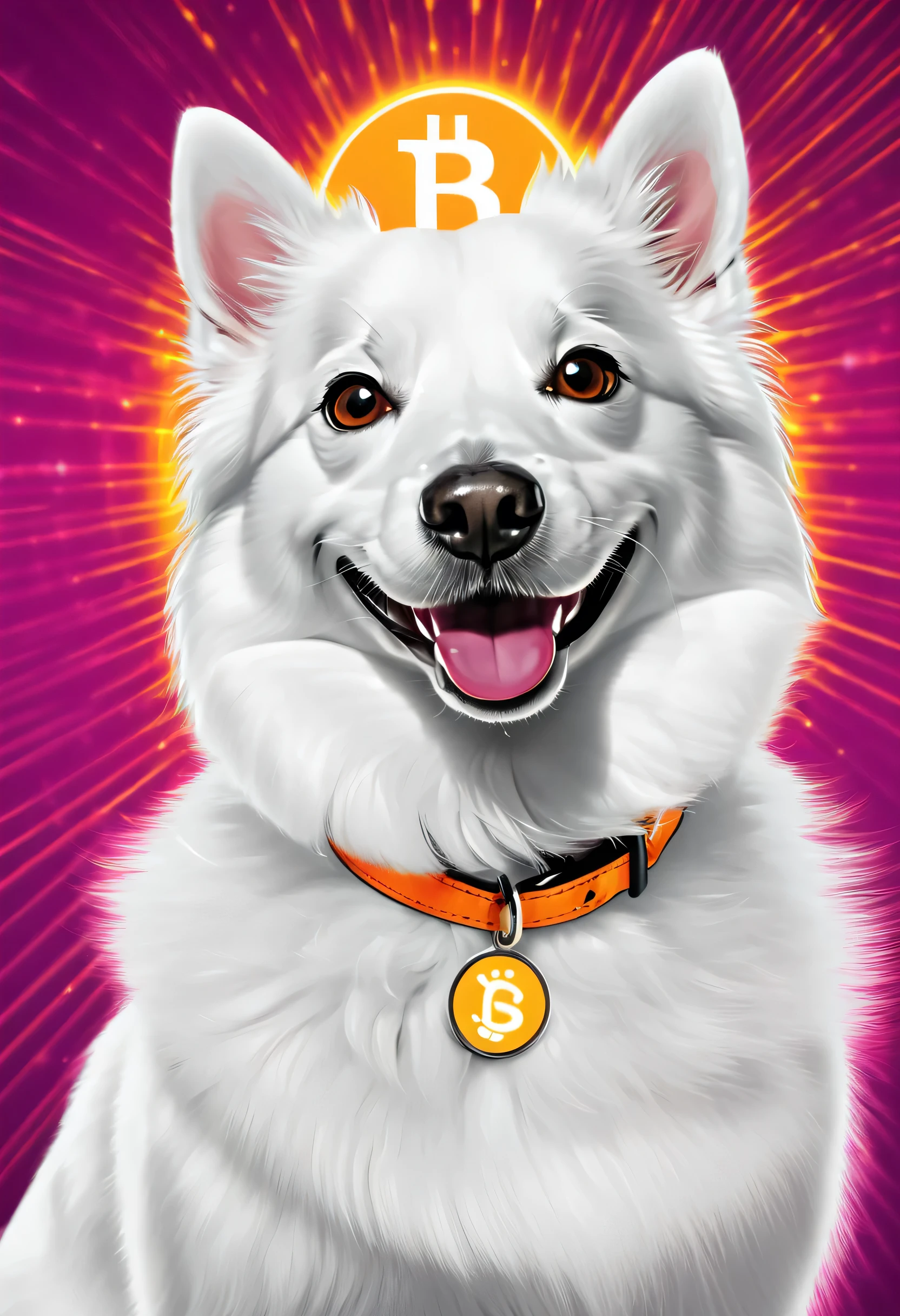 meme, smiling dog, with eye-catching flashy background, with SOL (SOLANA) logo