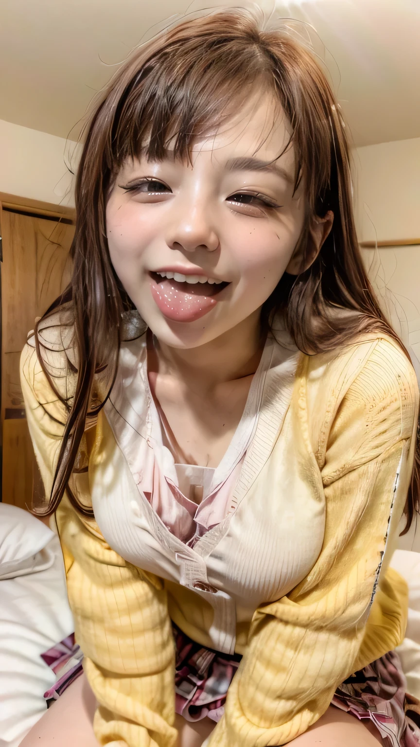 ( view from directly below:1.8)、(Cowgirl:1.5)、(( close their eyes:1.8))、(( ecstatic expression:1.5)、( sticks out his tongue 、Drooling))、( sit with your legs spread out on the bed :1.3)、( lean forward )、( hotel :1.5)、( realistic 、 as pictured 、live-action、8k, realistic , RAW photo, Max Image: 1.4), SLR camera、 RAW photo, top quality , realistic , high definition CG Unity 8K wallpaper , written border depth, Cinematic Light, lens flare, Raytracing , realistic background、(detailed pink bra、( Big Breasts )、Wear a plaid miniskirt)、( close-up )、( long hair on background:1.5、blunt bangs、 hair flutters in the wind)