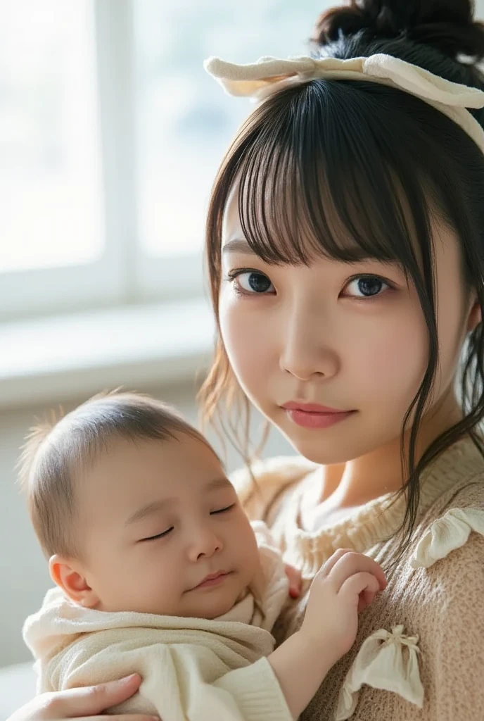 She's a babysitter ,masterpiece, 4K, Bokeh, (Cute:1.5), ( beautiful girl:1.3), ( Japanese idol :1.6), ( rabbit ear :1.3) , ( Cute Dress :1.3), ( I love babies :1.6),  blushed,  cowboy shot , ( hold a cute sleeping baby :1.5), (smile:1.3), (The background is the living room  :1.4),