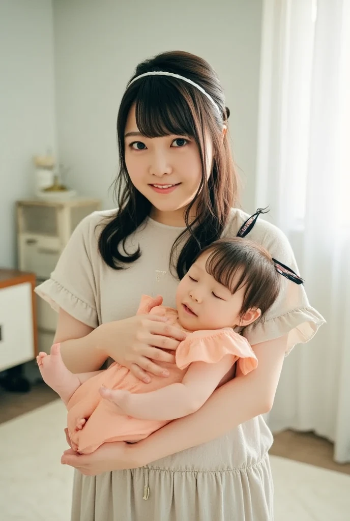 She's a babysitter ,masterpiece, 4K, Bokeh, (Cute:1.5), ( beautiful girl:1.3), ( Japanese idol :1.6), ( rabbit ear :1.3) , ( Cute Dress :1.3), ( I love babies :1.6),  blushed,  cowboy shot , ( hold a cute sleeping baby :1.5), (smile:1.3), (The background is the living room  :1.4),