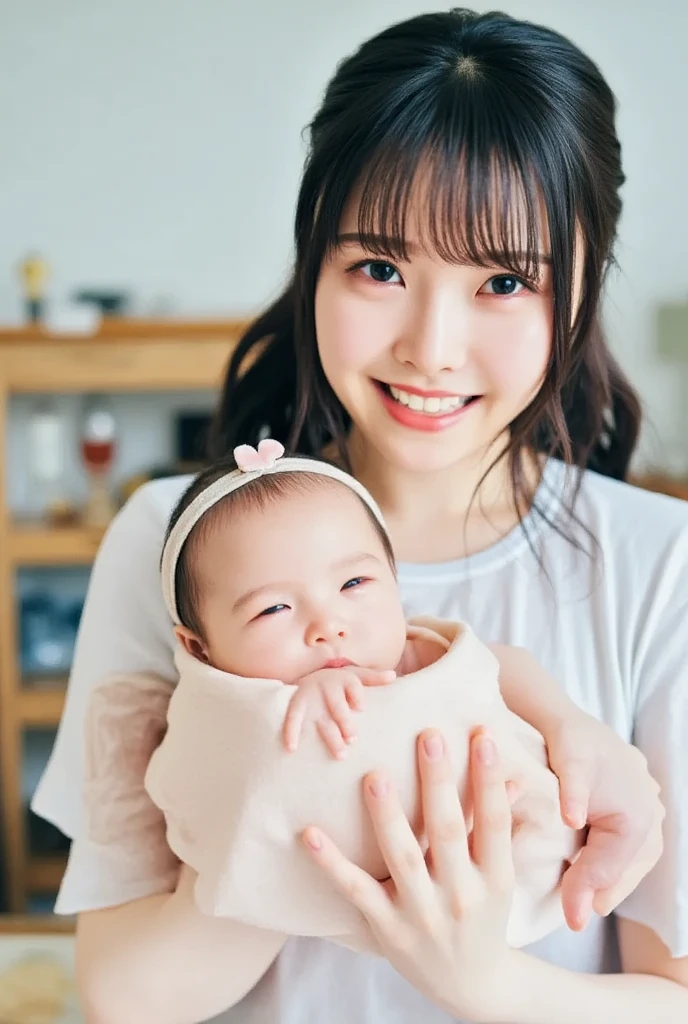 She's a babysitter ,masterpiece, 4K, Bokeh, (Cute:1.5), ( beautiful girl:1.3), ( Japanese idol :1.6), ( rabbit ear :1.3) , ( Cute Dress :1.3), ( I love babies :1.6),  blushed,  cowboy shot , ( hold a cute sleeping baby :1.5), (smile:1.3), (The background is the living room  :1.4),