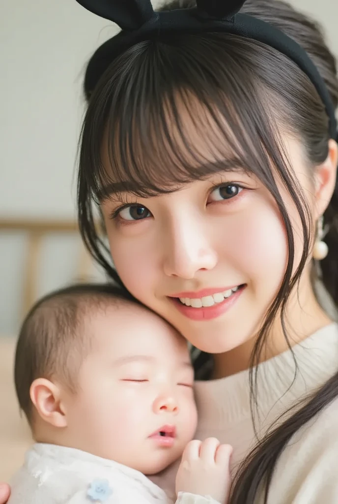 She's a babysitter ,masterpiece, 4K, Bokeh, (Cute:1.5), ( beautiful girl:1.3), ( Japanese idol :1.6), ( rabbit ear :1.3) , ( Cute Dress :1.3), ( I love babies :1.6),  blushed,  cowboy shot , ( hold a cute sleeping baby :1.5), (smile:1.3), (The background is the living room  :1.4),