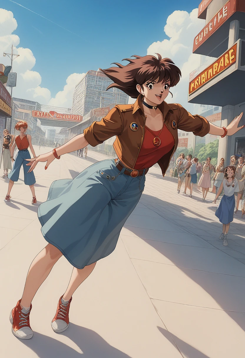 Retro arcade anime woman, Anime atmosphere of the 80s, 80s anime style, Retro Anime Girls, 1980's anime style, Retro anime images, Anime atmosphere, beautiful art in 1990s anime style, classic anime, retro anime, still frame, cell shaded, VHS quality, grainy, ultra detailed, a girl in combat, gainax style, high quality, best quality, grainy, artgerm, noir atmoshpere, casual outfit, sneakers