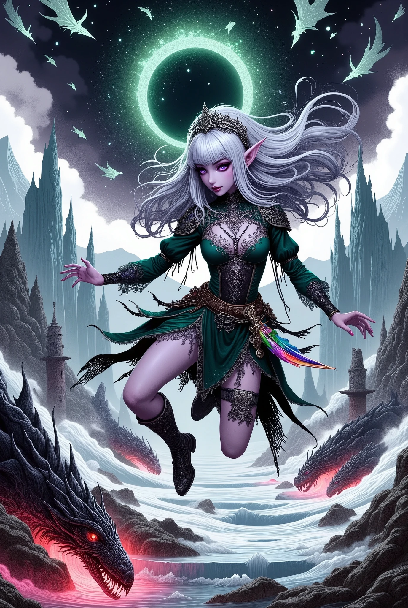 (Ultra-detailed face, Looking away, Fantasy Illustration with Gothic, Dark tone colors. A viewpoint looking up into the sky from a bed of ice.), BREAK 
(A world of chaos with the black moon climbing the white sky. There is an ice stage like a mirror spreading over a pond of bright red burning lava. Fire dragons around the pond, dancing to the dark elf dancers on the ice stage.), BREAK 
(The female dark elf dancer is dancing flamenco on the mirrored ice above the lava pond, looking up at the sky, her back to us, jumping gracefully in a daring pose, and drawing a large circle around herself with both hands. A line of rainbow-colored glowing trails of light is drawn around her as her hands move.), BREAK 
(The young female dark elf dancer has white hair, white eyebrows, blunt bangs, waist-length hair that flows with her movements, lavender eyes, small pink lips, dark purple skin, and dark, thick eyeliner.), BREAK 
(The female dark elf dancer wears an emerald tiara and a mini-skirted lace-up dress made of deep sea-colored organdy fabric with silver trim and lace in the 15th century Italian tradition. She wears a sash of woven rainbow-colored beads around her waist, and an archaic Turkish-style dagger is inserted in the sash. She wears braided sandals with silver ornaments.)