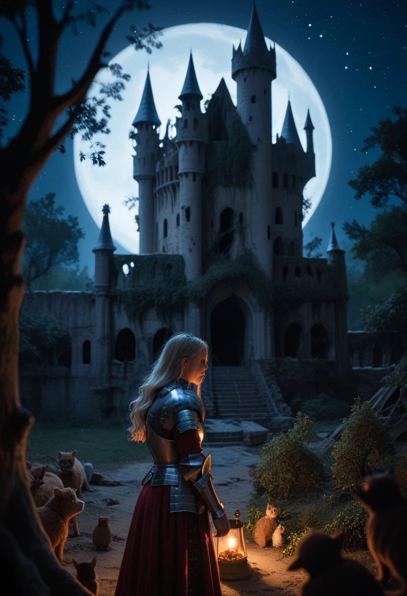  Weise-haired female vampire in full armor,  smaller shoulder armor ,  dark background , stars clear sky , Night, Full moon,  crumbling castle ruins ,  dried trees , dead animal 