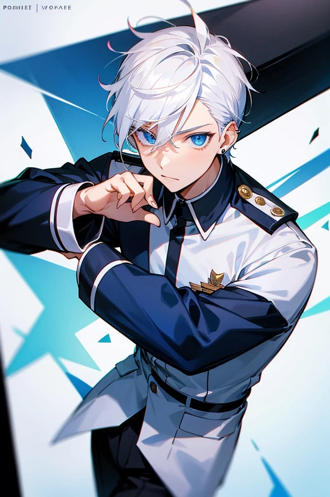 1 Male. Young teen. Uniform, White Hair, Blue eyes, Pose, Earing.