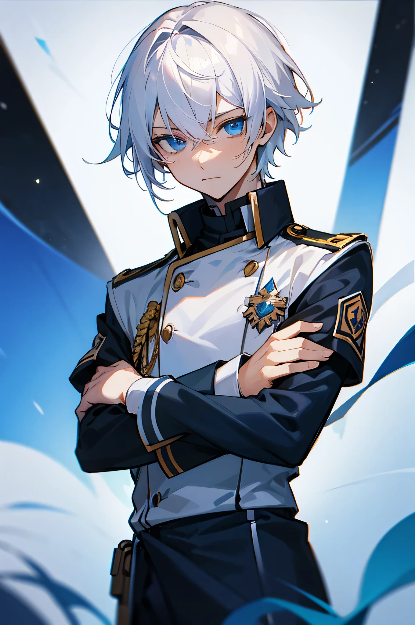 1 Male. Young teen. Uniform, White Hair, Blue eyes, arms crossed. 