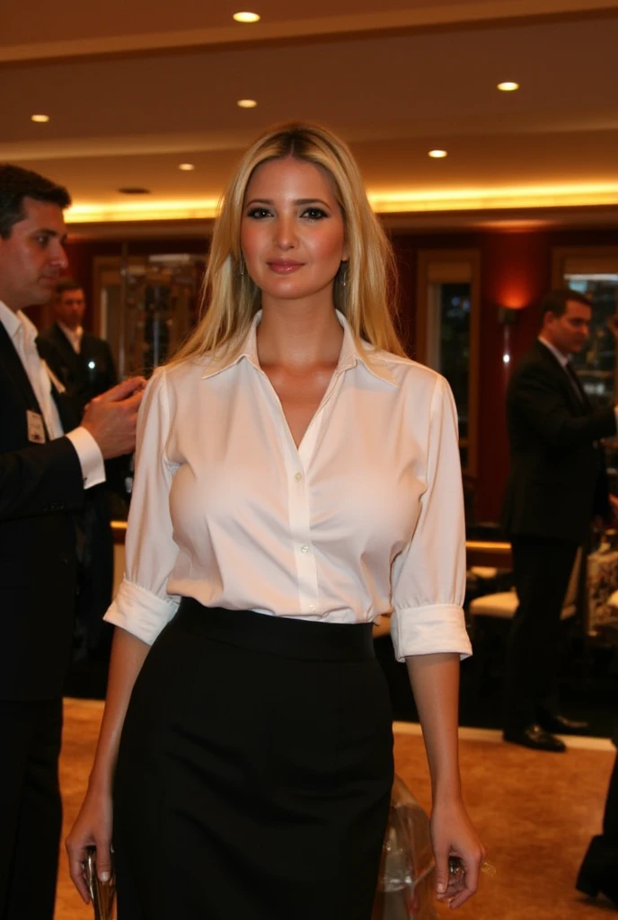 Ivanka Trump at an assembly dressed in light and decorative clothing and smiling sexy