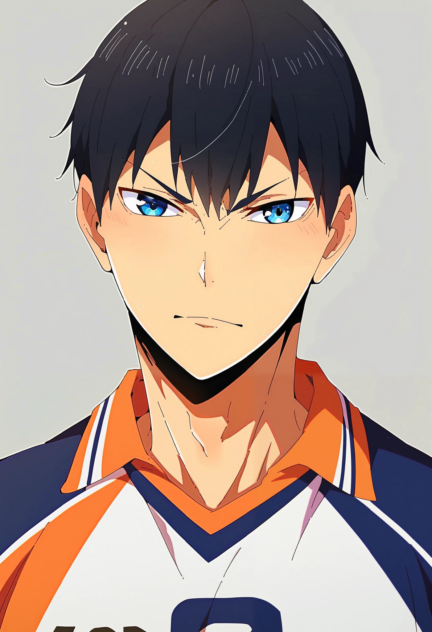  face up、Kageyama Tobio、 1 boy、 male focus 、solo、 black hair、 dark eyes、 blue eyes、 volleyball uniforms 、 sportswear 、gym、evening、 Light Shines In 、 Dynamic Composition 