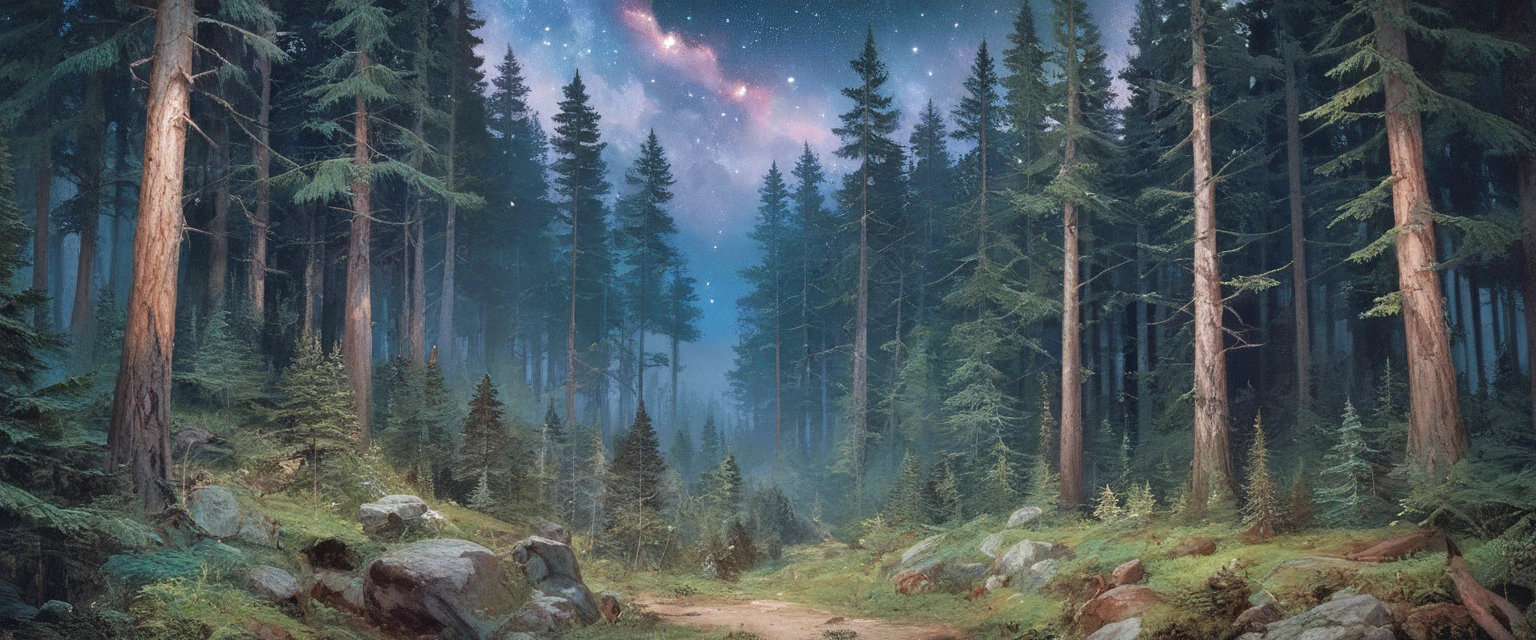 Precise old encyclopedia (best quality:1.2), (detailed:1.2), (masterpiece:1.2), vintage illustrations of a pine forest at night, pine forest, black sky with stars