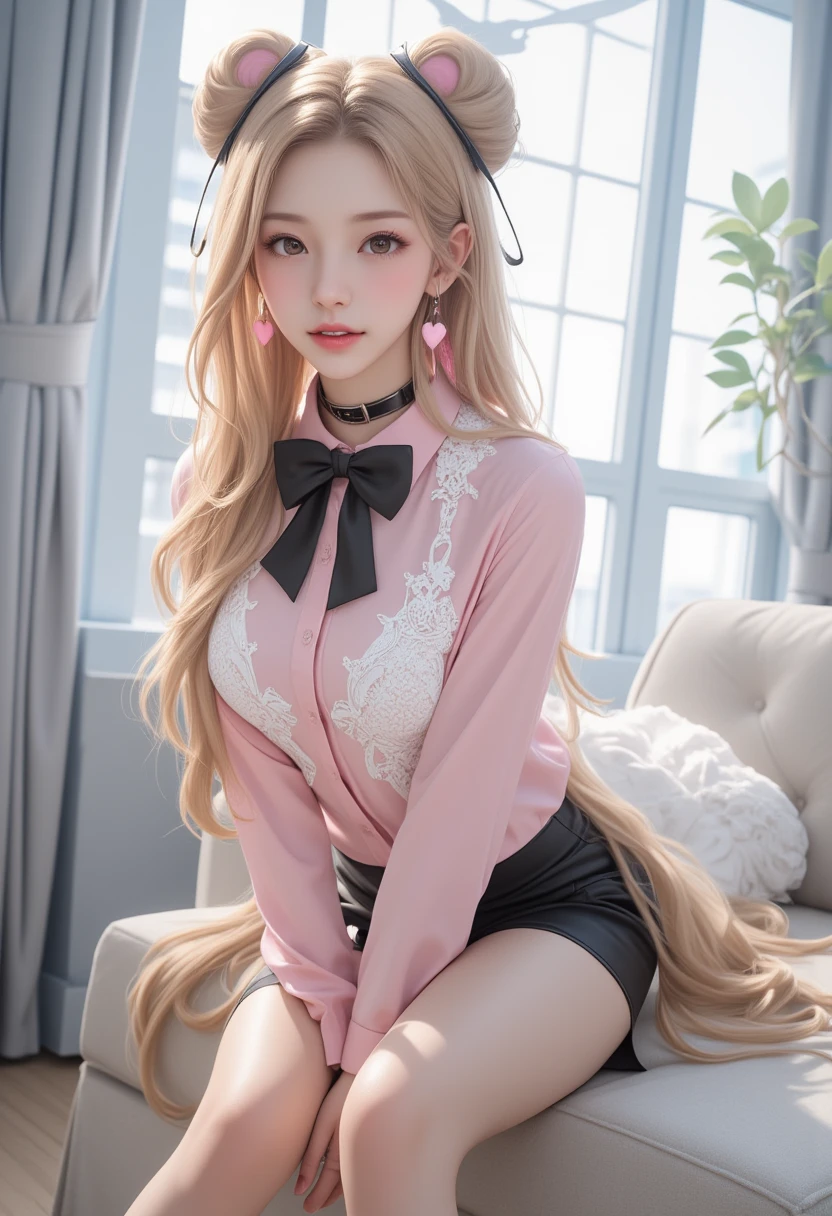 best quality, masterpiece, portrait, a photography of a beautiful girl, detailed face, seductive smile, (blush:1.2),junko enoshima  <lora:junko-enoshima-lora-3:0.88:MIDDS>, long hair, 1girl, hair ornament, twintails, solo, breasts, blue eyes, cleavage, bow, bear hair ornament, necktie, blonde hair, smile, bangs, large breasts, looking at another, collarbone, shirt, nail polish, red bow, black shirt, bra, choker, black bra, sleeves rolled up, white necktie, red nails, open mouth, pleated skirt, red skirt, shiny, teeth, medium breasts, shiny hair, upper body, school uniform, pink hair, boots, upper teeth only, knee boots, plaid, random pose, random background, 
BREAK
<lora:pureInnocentGirl_v10(Pure_Innocent_girl):0.5>, Pure_Innocent_girl, pale skin, delicate face, porcelain skin, ((upper body)),  pov, (((depth of field))), pale and lustrous skin, 
neon glow, random background,  vivid,detailed, realistic, beautiful, stunning lighting, stunning reflections, ,
