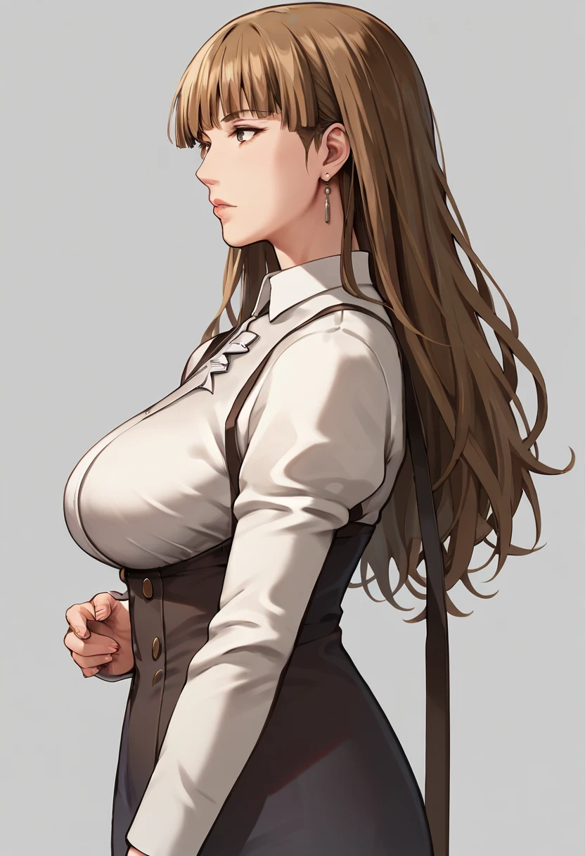  top quality,  Masterpiece , mature woman,RosaUmineko, long hair, brown hair, brown eyes,  standing with different breasts 、from side