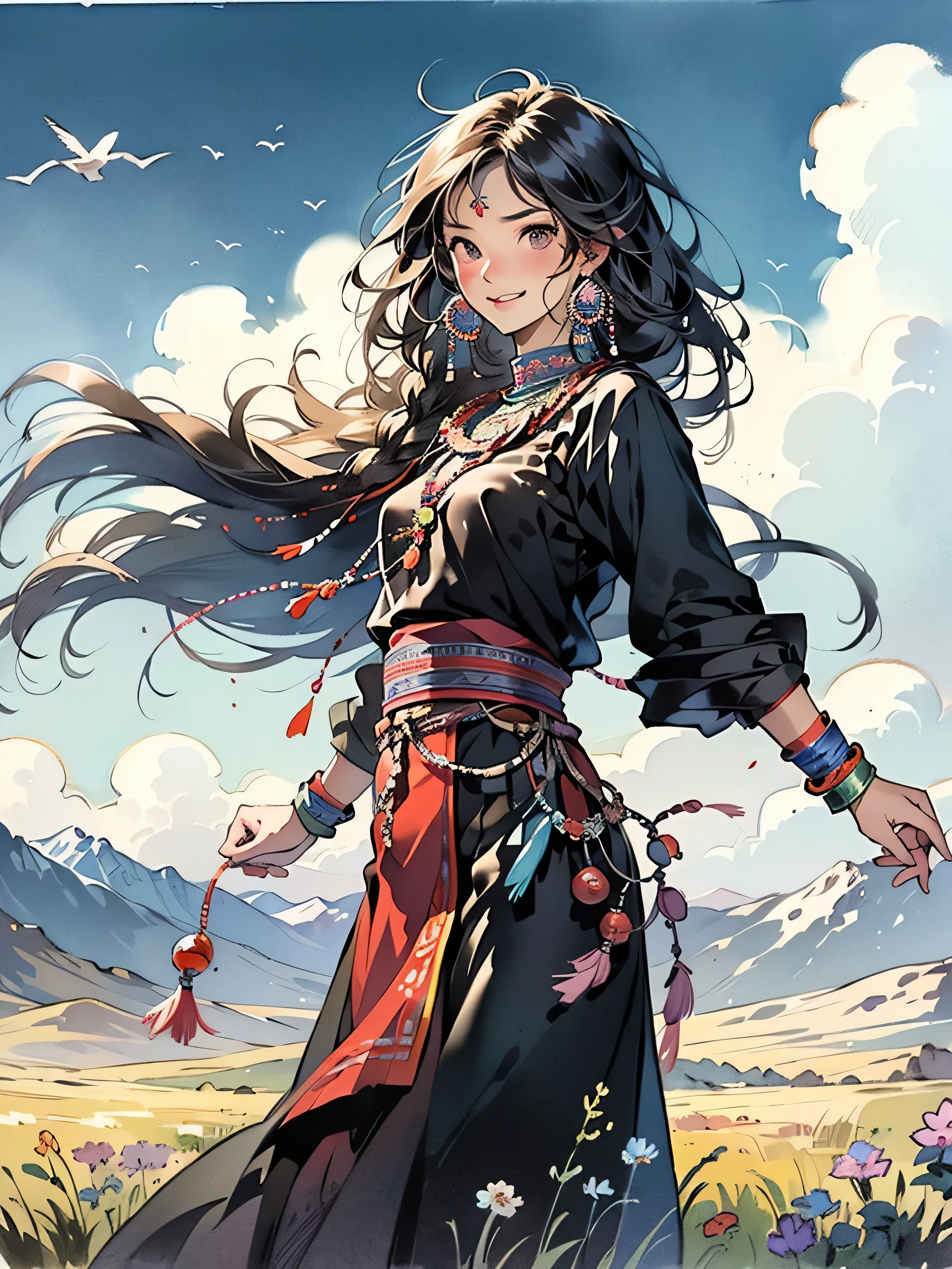 masterpiece, Best Quality ,1 Girl,  Smile, whole body, (()), 服饰,  front view,  dancing, prairie, sunset, sun, Wind, Fluttering , Mountain,yak