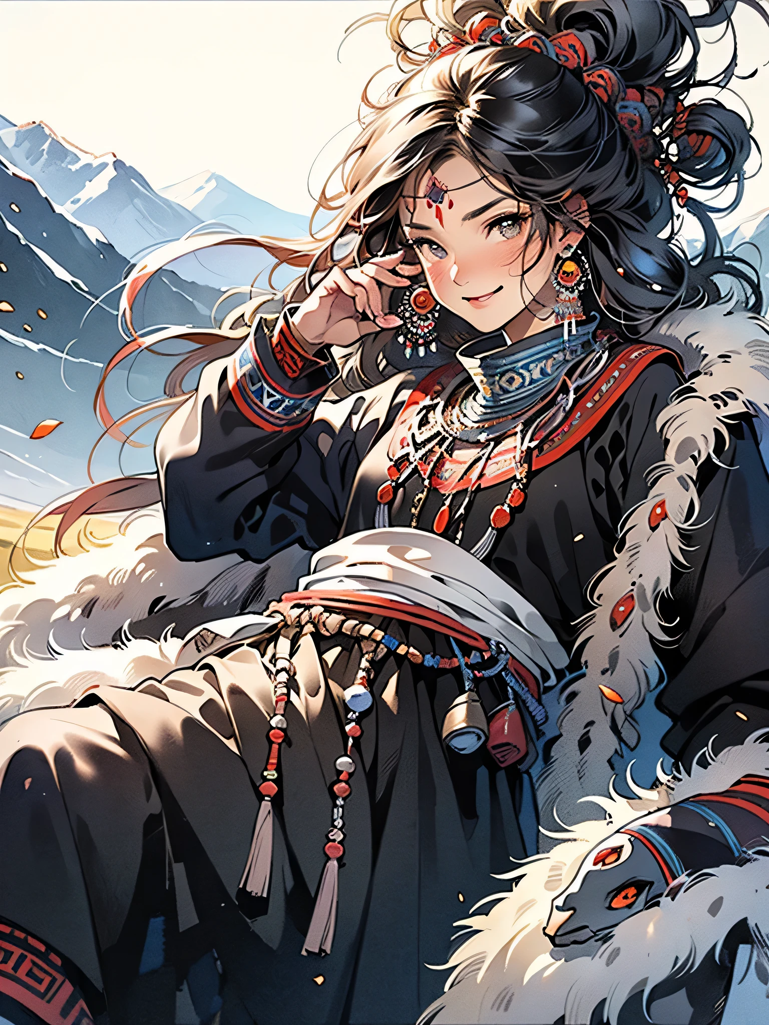 masterpiece, Best Quality ,1 Boy,  Smile, whole body,Easy,Stately  (()), 服饰,  red, front view, Lying down, prairie, sunset, sun, Wind, Fluttering , Mountain,yak