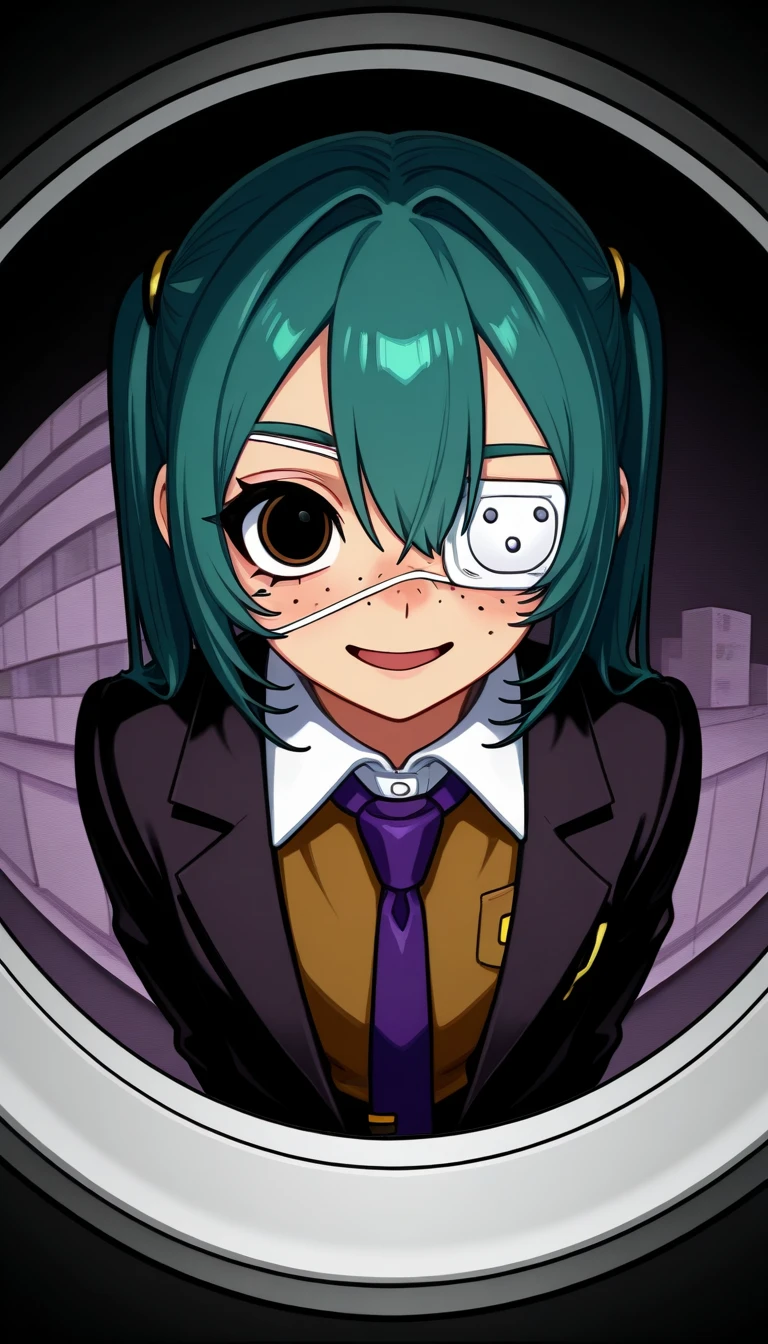    1 girl,    Hatsune Miku   , hmmonitoring, Peephole,    long hair ,    Twin Tails   , bangs,    hair between eyes,   medical eye patch  ,    school uniform, ,woman, Sideways glance ,『 Monitoring 』      Hatsune Miku     ， Looking Intriguingly ，woman,from side,， Corn ,Peek，  cute illustration of a flying eyeball  （Two），    opening mouse    , Left Eye Corn  ,Deco* 27 sides    , Peek Face with Left Eye ，  Eye Patch with Light Freckles on Right Eye  ，dark， dark cyan hair ，  White Medical Eye Patch  ，  dark black eyes  ，  eye color dark blue  ，    big eyes，   fisheye scope    ，   low contrast   ， In a circle ，angle（1.9），   she has a round cloud-like font   ，，   azel-colored eyes with great attention to detail   ，    black background with round geometric pattern   ，    hair gradation    ，  dark blue green  ，    circular geometric pattern on the outside of the round frame  , Purple Tie,   medical eye patch  , Glitch,    cowboy shot   , :d, 輝く瞳, , palm   ,      heart shaped eyes   , 
   outdoor,    Building   ,    purple theme  ,    abstract background   , sunset, cityscape, 
rating safe, Alice 99 Narumi   , 
masterpiece,  top quality,    High Quality  ,      high definition   , up to date,  