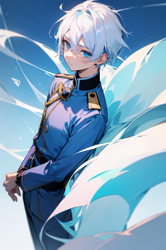 1 Male. Young teen. Uniform, White Hair, Blue eyes, Ice Background.