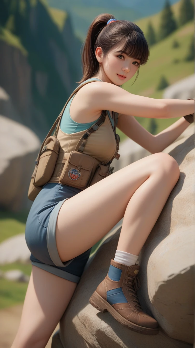 (1girl, anime style, UHD, best quality, depth of field, masterpiece:1.5), (adorable face, statuesque sexy body, ponytail hair, detailed skin textures, anatomically correct:1). She has shoulder-length hair. She is a hiker, carrying expedition rucksack, climbing rocky mountain. 