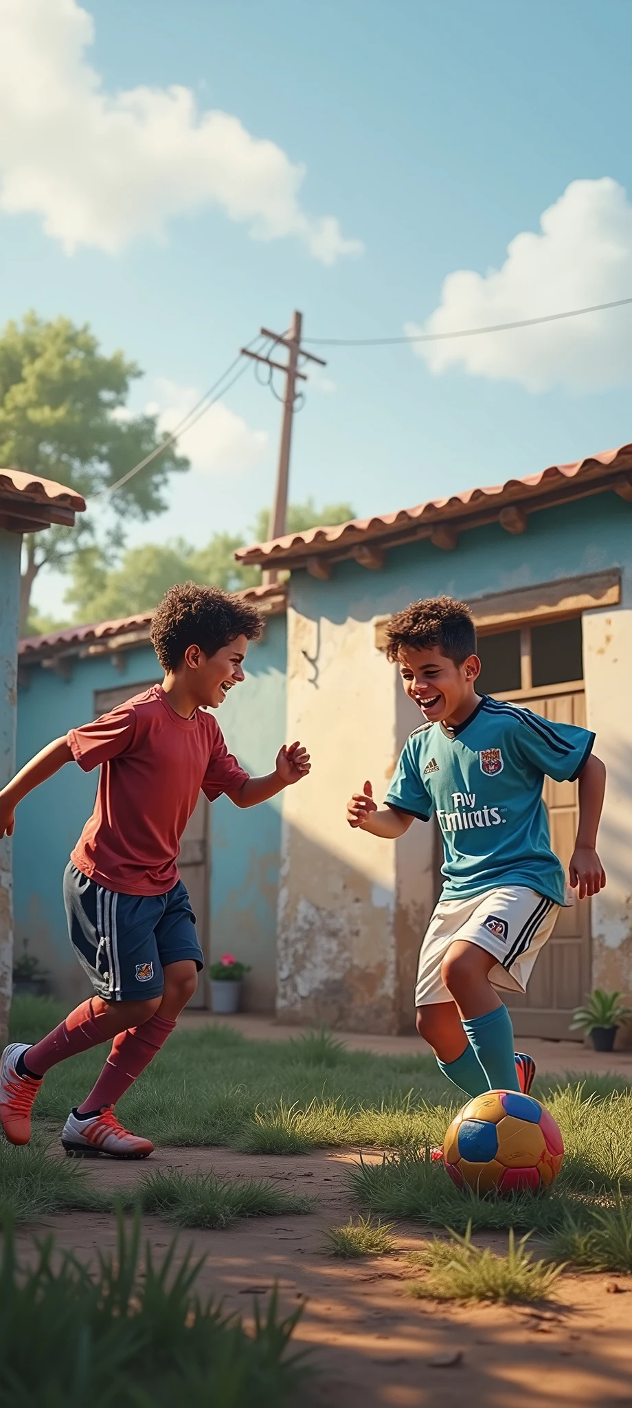 I created two Brazilian friends, they are best friends and they are playing soccer and they are hugging each other., they are beautiful boys and there are two of them