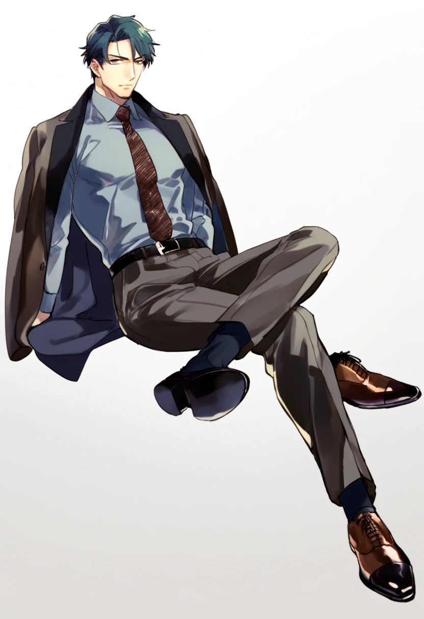 male focus, solo, ikemen, mature, male only, tough man, bold, eyes fix, flat chest, sturdy waist, 50 years old, office worker, collared shirt, tie, three piece suit, coat on shoulders, belt, slacks, leather shoes, tight clothes, whole body, sitting, invisible chair,  looking at viewer, (white background, simple background:1.5), masterpiece, best quality, mta, foor worship, showing his socked foot 