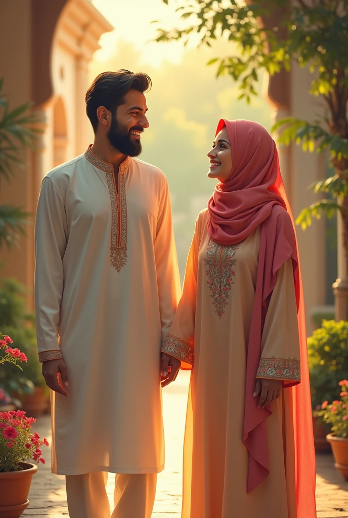 Islamia style for very beautiful lady wearing islamic uniform with hijab with handsome man together in the beautiful moon night, they looking happy and blessed 