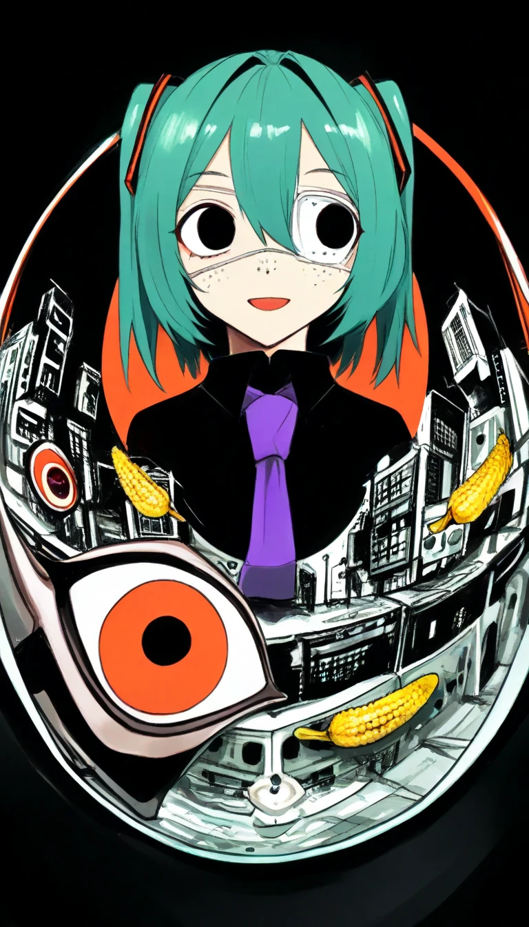    1 girl,    Hatsune Miku   , hmmonitoring, Peephole,    long hair ,    Twin Tails   , bangs,    hair between eyes,   medical eye patch  ,    school uniform, ,woman, Sideways glance ,『 Monitoring 』      Hatsune Miku     ， Looking Intriguingly ，woman,from side,， Corn ,Peek，  cute illustration of a flying eyeball  （Two），    opening mouse    , Left Eye Corn  ,Deco* 27 sides    , Peek Face with Left Eye ，  Eye Patch with Light Freckles on Right Eye  ，dark， dark cyan hair ，  White Medical Eye Patch  ，  dark black eyes  ，  eye color dark blue  ，    big eyes，   fisheye scope    ，   low contrast   ， In a circle ，angle（1.9），   she has a round cloud-like font   ，，   azel-colored eyes with great attention to detail   ，    black background with round geometric pattern   ，    hair gradation    ，  dark blue green  ，    circular geometric pattern on the outside of the round frame  , Purple Tie,   medical eye patch  , Glitch,    cowboy shot   , :d, 輝く瞳, , palm   ,      heart shaped eyes   , 
   outdoor,    Building   ,    Purple Theme ,    abstract background   , sunset, cityscape, 
rating safe, Alice 99 Narumi   , 
masterpiece,  top quality,    High Quality  ,      high definition   , up to date,  