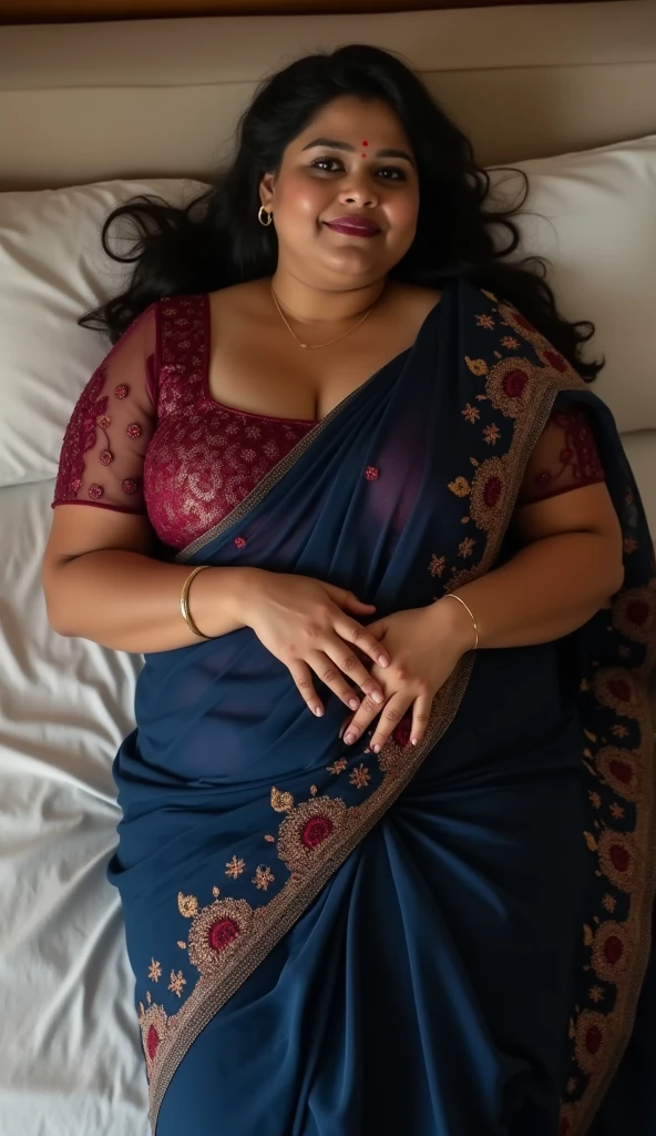 Day scene, full body photo of a plus sized  indian woman wearing blue colour saree, smiling face, face, top view, (Masterpiece, Best Quality, High Resolution), bedroom Background, (cum Splash on her face , cum Splash on her face and breasts, Splash of cum on face, cum Splash on her blouse, cum Splash on her eys), hour glass body red lips, lightly makeup,ultra realistic, realistic, look at viewer (cinematic:1.3), intricate details,