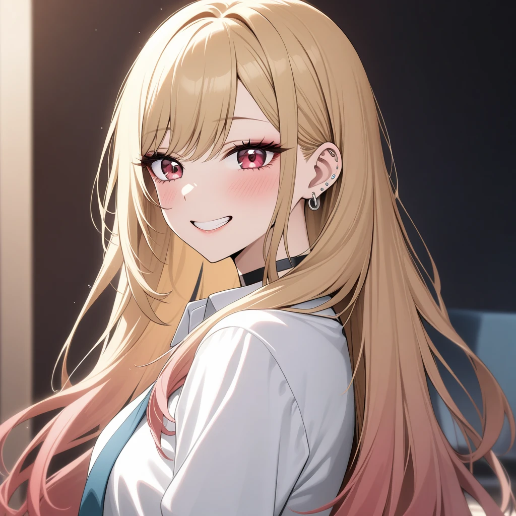 (masterpiece, Highest quality, Very artistic, Super detailed, Intricate details), One girl, Kitagawa Umi, Kitagawa Marine, The Doll Falls in Love, sono bisque doll wa koi wo suru, Long Hair, Beautiful blonde, Red eyes, Ear piercing, Barbell Piercing, Black choker, Collared shirt, White shirt, Blue tie, smile, Grin, Upper Body, Looking at the camera, turn around,