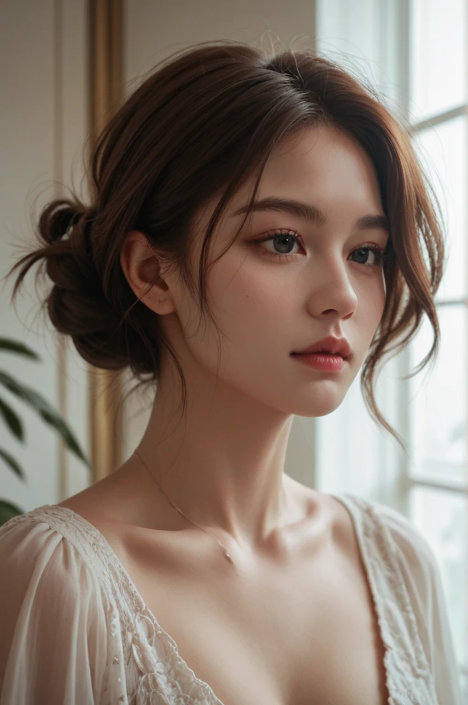portrait, 20yo brunette german girl, sultry flirty look, wearing a white shirt, messy bun, 8k, best quality, masterpiece, (looking into camera:1.3), photograph, (beautiful)