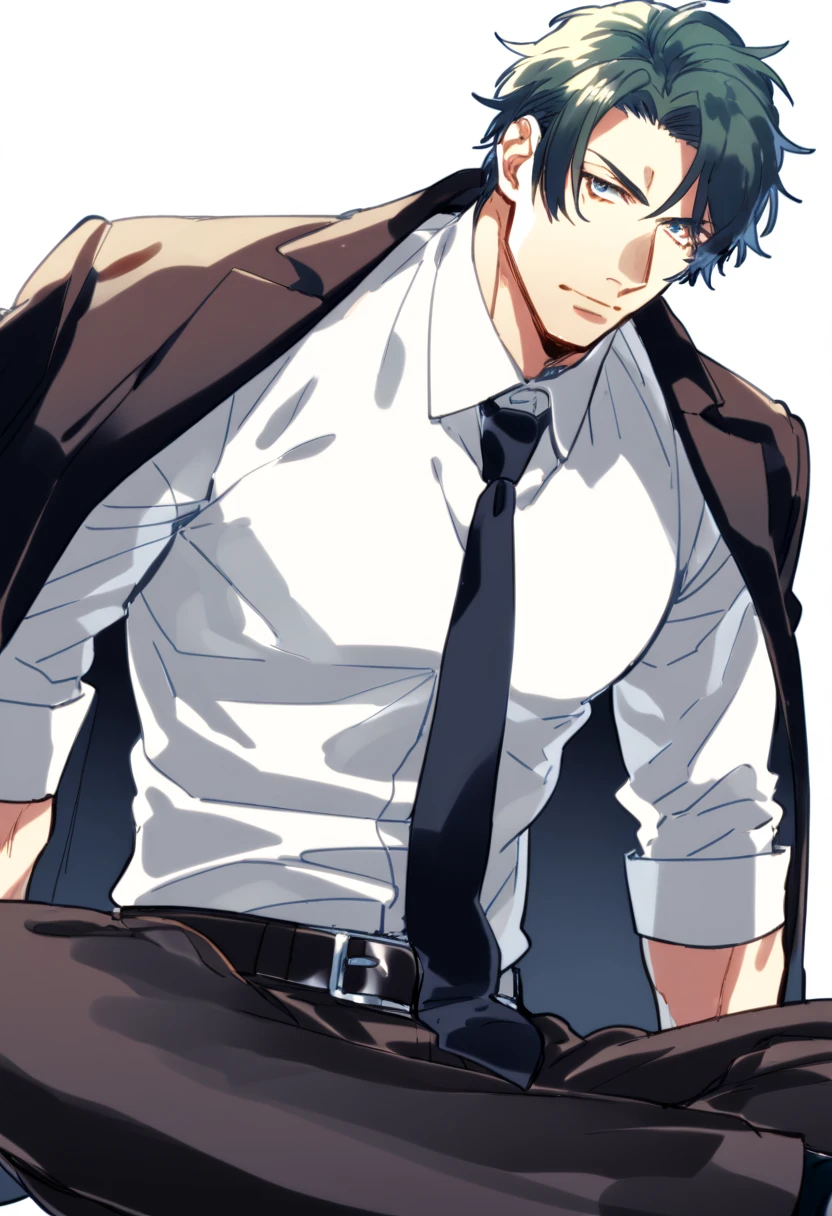 male focus, solo, ikemen, mature, male only, tough man, bold, eyes fix, flat chest, sturdy waist, 50 years old, office worker, collared shirt, tie, three piece suit, coat on shoulders, belt, slacks, leather shoes, tight clothes, whole body, sitting, invisible chair,  looking at viewer, (white background, simple background:1.5), masterpiece, best quality, mta, foor worship, showing his socked foot:2, long tube calf socks 