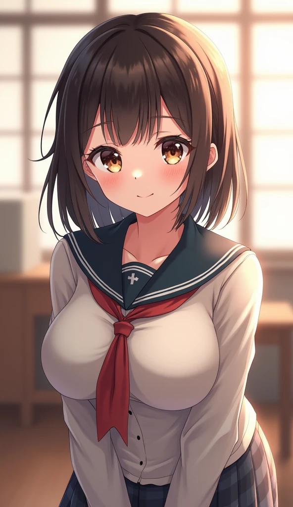 katoumegumi, megumi katou, brown hair, short hair, (brown eyes:1.7), (small breast:1.2),
BREAK miniskirt, , skirt, sailor uniform, serafuku,
BREAK looking at viewer,
BREAK indoors, classroom,
BREAK (masterpiece:1.2), best quality, high resolution, unity 8k wallpaper, (illustration:0.8), (beautiful detailed eyes:1.6), extremely detailed face, perfect lighting, extremely detailed CG, (perfect hands, perfect anatomy),Nipples are visible、Big Breasts