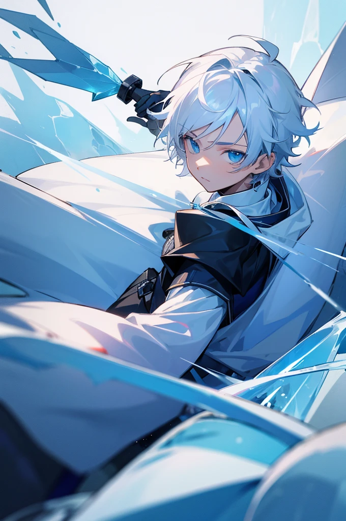 1 Male. Young teen. Knight Clothing, White Hair, Blue eyes, Ice Background.