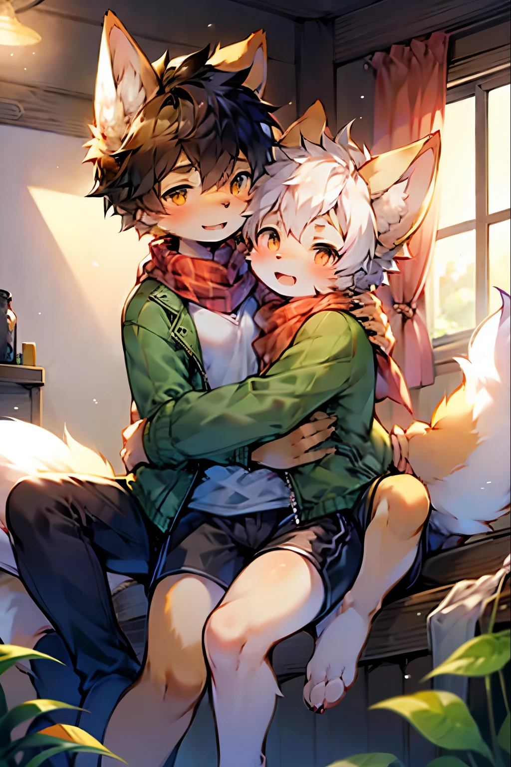 Kemoshota, (masterpiece,best quality), (beautiful contrast of Light and shadow), Naked,White,furry boy, Nature,, (blush),a smile,tail, flaccid, small tiny phimosis, foreskin, cute boy, naked boys, boys love, huddling, wild boys