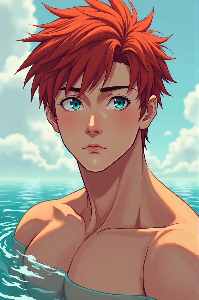 (Best quality), (realistic, photo-realistic:1.3), masterpiece, very courageous and courageous, extremely detailed, 2k wallpaper, amazing, finely detail, extremely detailed, 8k wallpaper, huge file size, ultra detailed, a high resolution, absurdity, soft light, Tan skin, extremely detailed eyes and face, beautiful detailed nose, beautiful detailed eyes, Light on your face, I look at the viewer, (1 person, mature face), realistic face, realistic body, underwear, shirtless, big bulge on underwear, man, 30 years, very short haircut, shaved temples, Red hair, Blue eyes, thick stubble, beach, wet body, wet underwear,