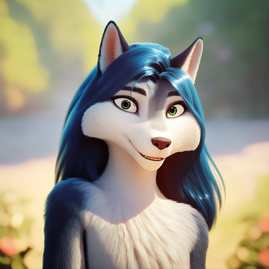 cowboy shot, white fur, green eyes, chromatic aberration, blurry, two-tone fur, outdoors, blurry background, body fur, wolf ears, day, letterboxed, furry, black eyes, looking at viewer, shiny, smile, slim, face