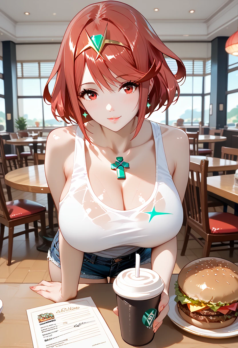 source_anime, masterpiece, best quality, perfect anatomy, very aesthetic, official art, pyra \(xenoblade\), 1girl, red hair, short hair, swept bangs, bob cut, red eyes, solo, traditional media, 
shiny skin, beautiful eyes, natural huge breasts, curvy, full body,  girl is sitting on edge of coffee cup on table, white tank top, denim shorts, delicious looking hamburger on table, looking at hamburger